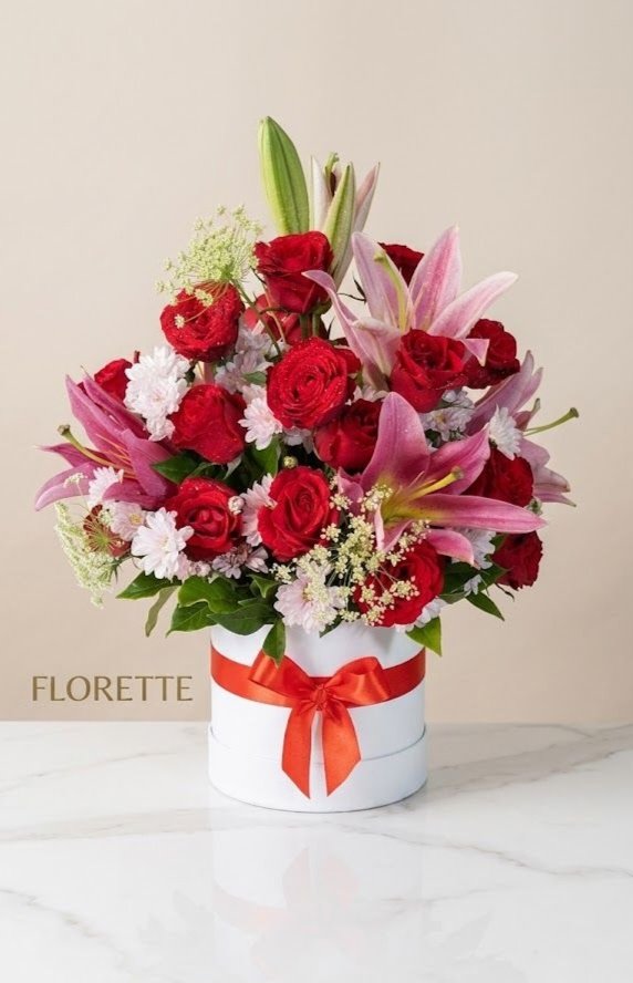 Luxurious Red Rose & Pink Lily Hat Box Arrangement